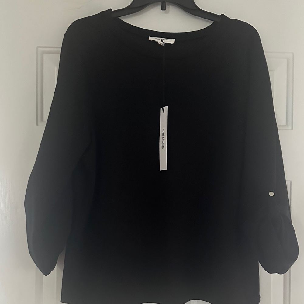Women's Black Long-Sleeve Crewneck Top with Button-Tab Sleeves